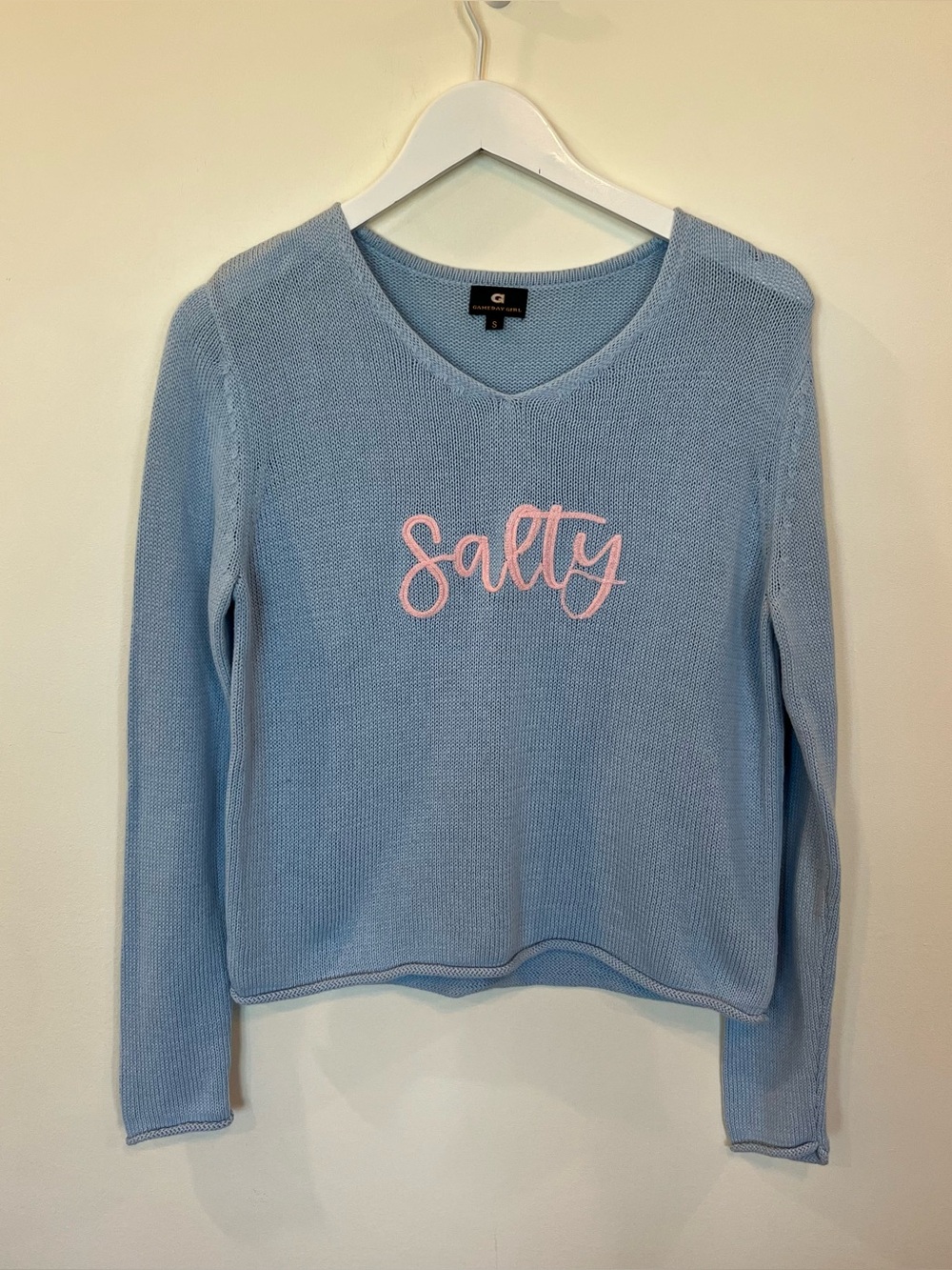 Gameday Girl V-Neck Knit Pullover Sweater Womens Small Blue Cotton Salty Coastal